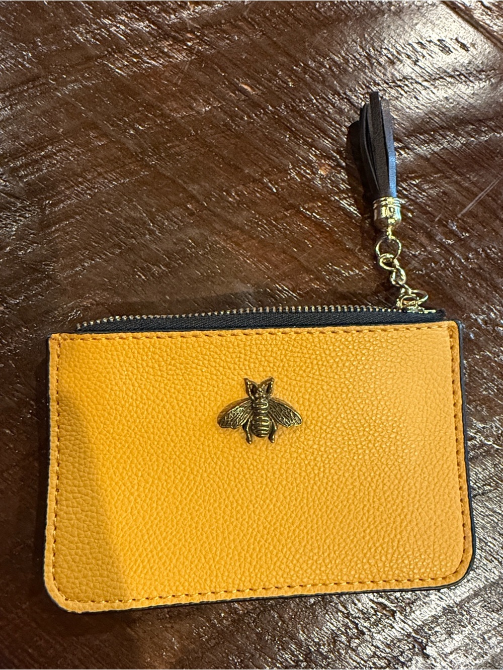 Yellow Bee Accent Leather Card Wallet with Tassel